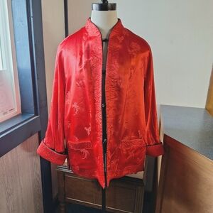 Vintage Peony Satin Brocade Reversible Jacket With Mandarin Collar,Size 42 Chest